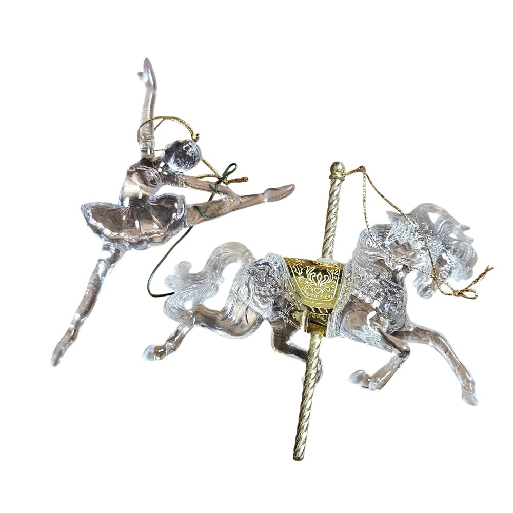 Lot of 2 Vintage Clear Acrylic Ballerina and Carousel Horse Christmas Ornaments